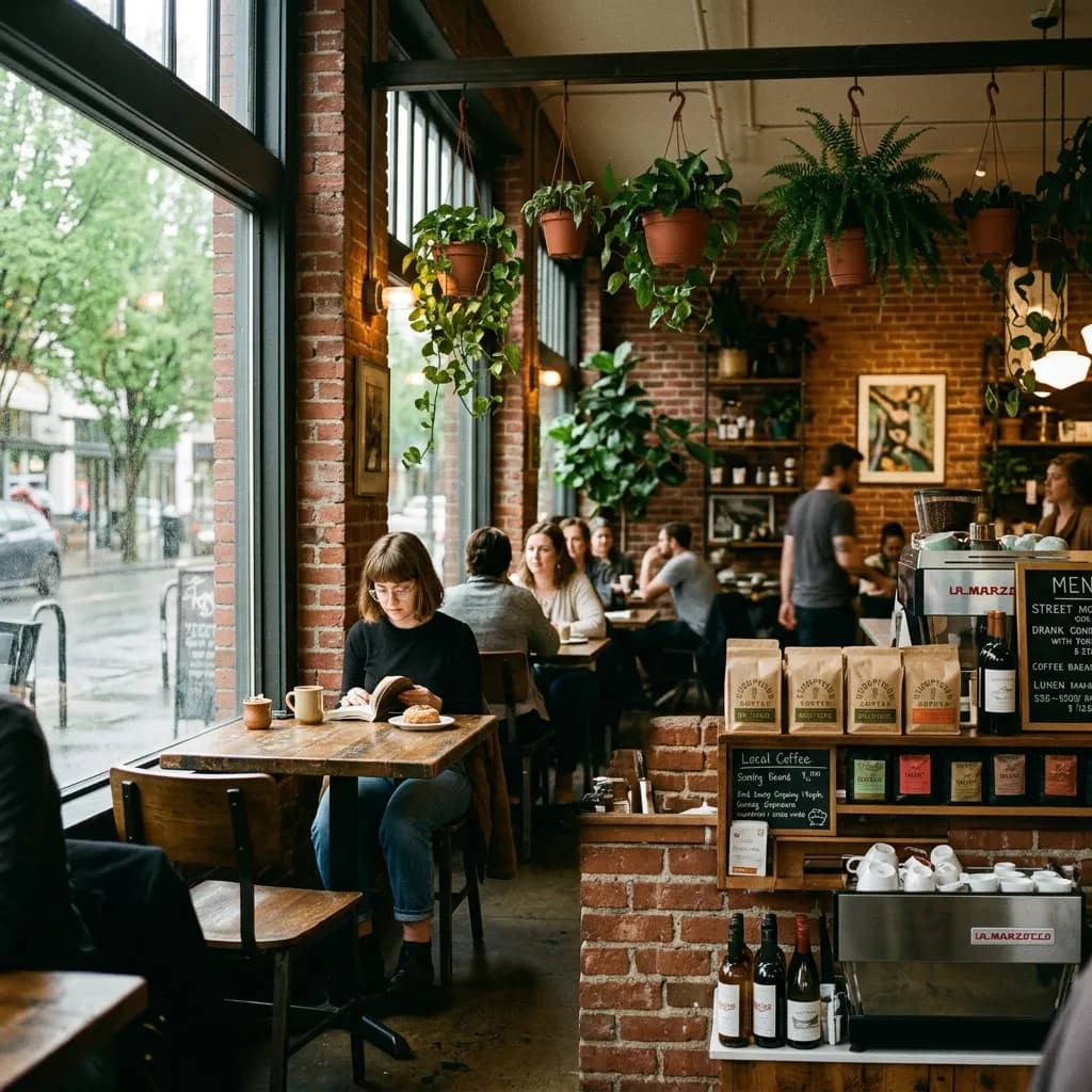 Moody modern coffee shop interior in Portland with exposed brick and plants