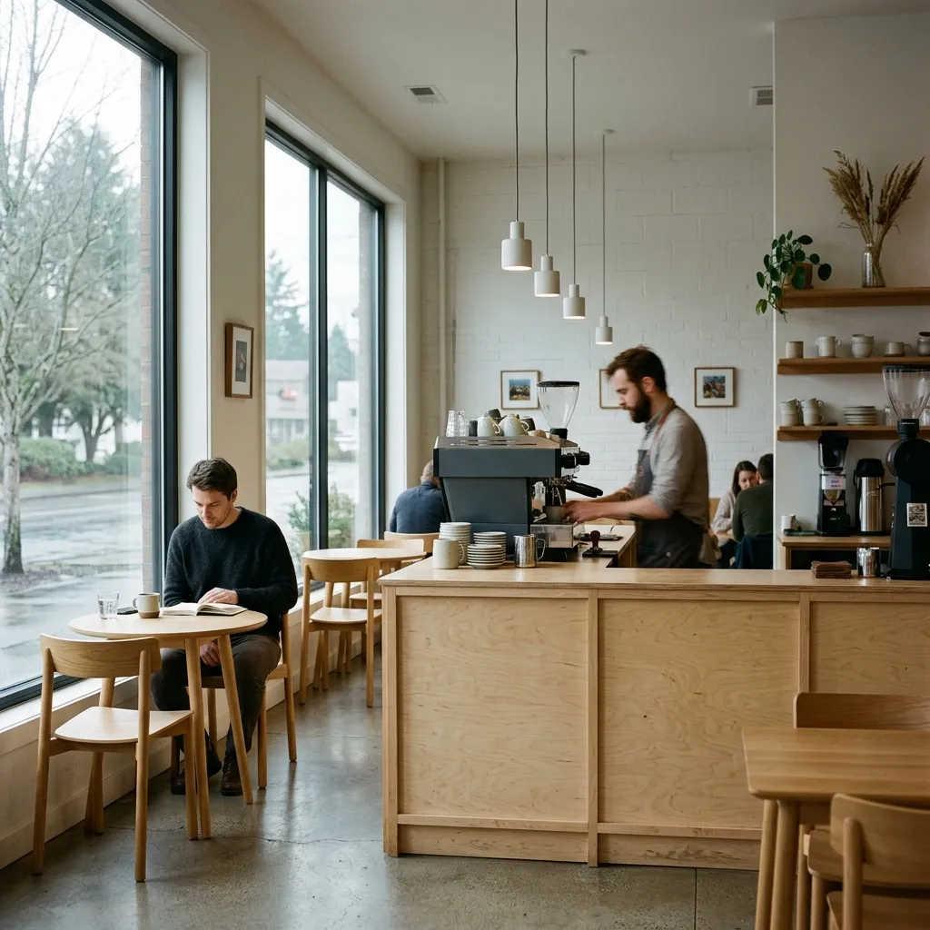 Minimalist light wood coffee shop interior in Seattle