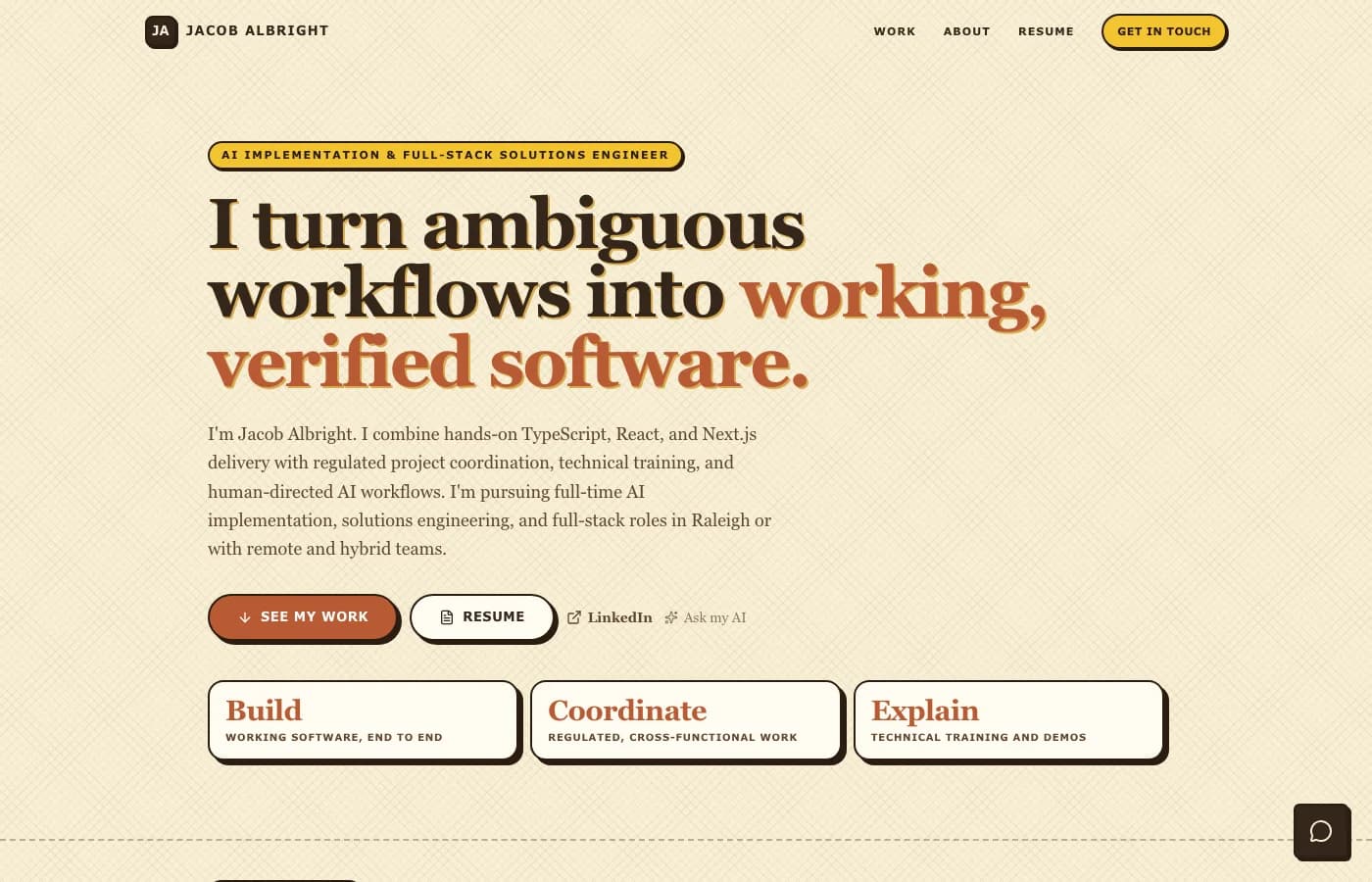 jalbright.dev portfolio homepage introducing Jacob Albright and selected projects