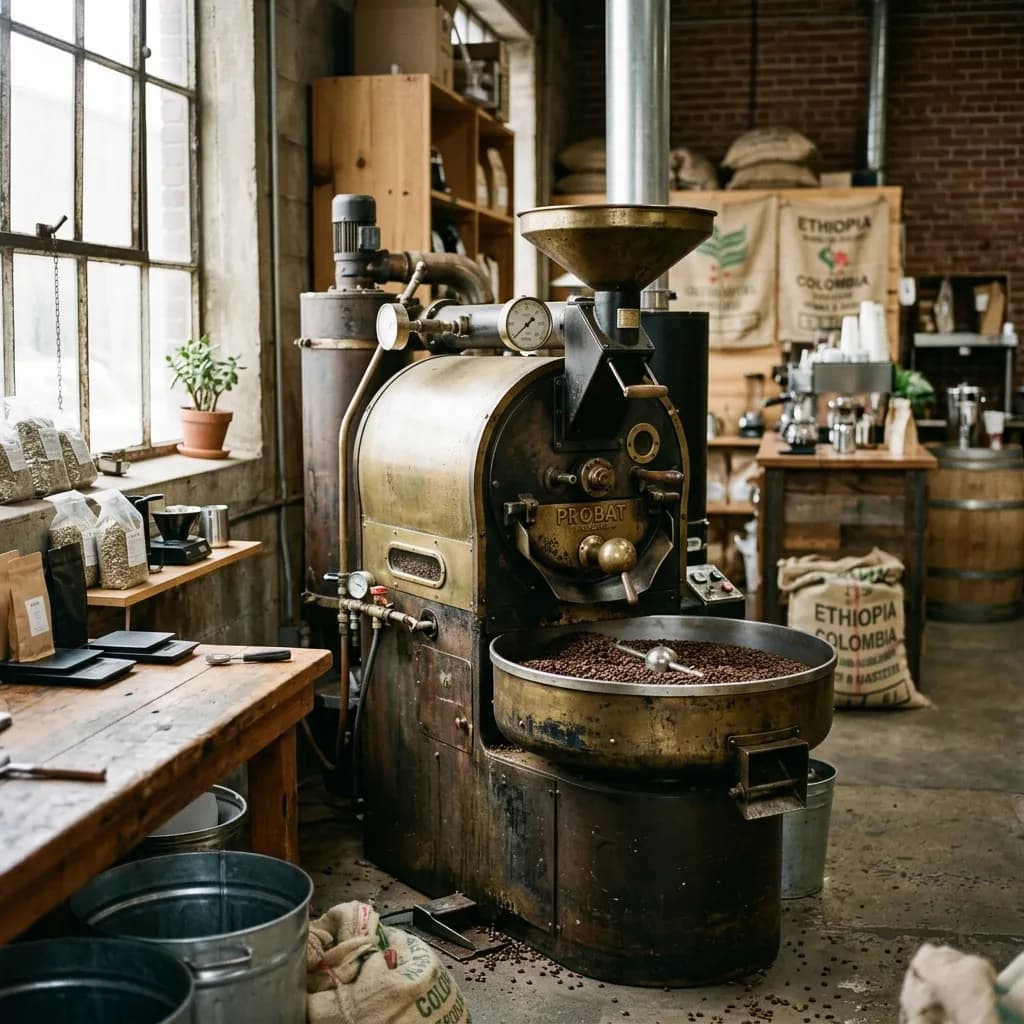 Vintage coffee roasting machine in a sunlit room